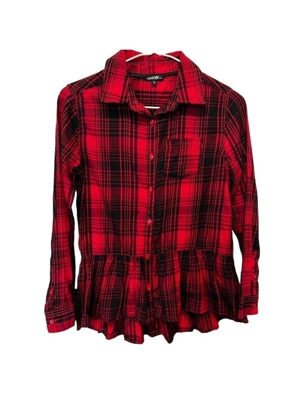 George Red and Black Plaid Button Down Blouse with Ruffle Bottom